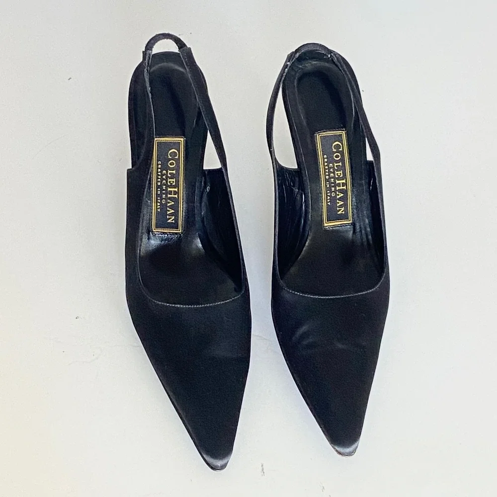 Cole Haan Evening Black Satin Slingback Pumps Pointed Toe Stiletto Heels 7.5 AA